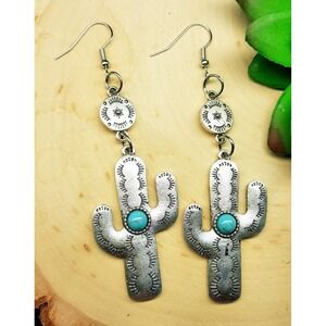 Turquoise Cactus Silver Cow Tag Boho Dangle Earrings